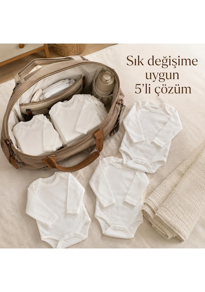 Yenidoğan Bebek Body 5 Li Set, Unisex Ekru Organik Pamuk 0-3 Ay Body Çok Renkli