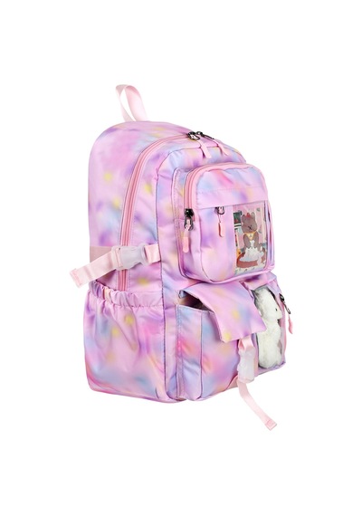 Kawaii Kore Tarzı Pembe Twil Kumaş Desenli Sırt Çantası,beslenme Çantası Ve Kalemlikli Üçlü Set