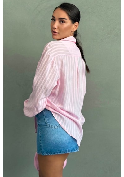 Madmext Pembe Çizgi Desenli Rahat Kesim Kadın Gömlek Mg2741