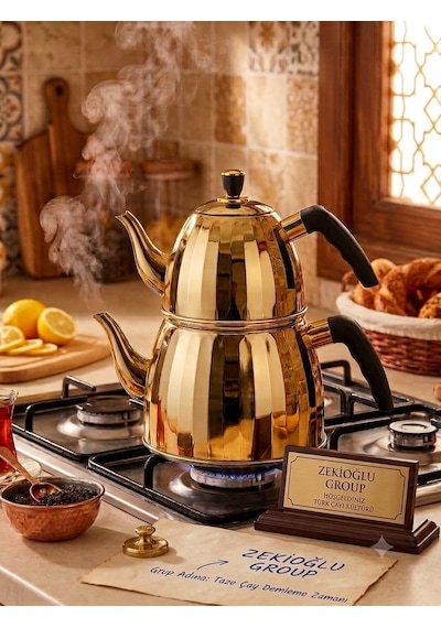 Gold Sarı Çaydanlık Seti 1.0 + 2.5 Litre Betahoff Paslanmaz Çelik İndüksiyon Uyumlu Kapsül Tabanlı Çaydanlık Takımı