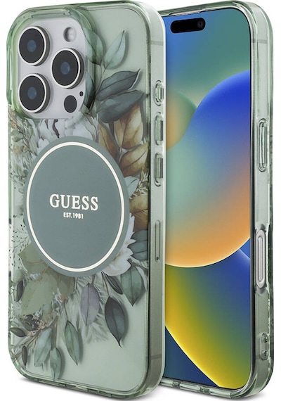 Apple Uyumlu iPhone 16 Pro Kılıf Guess Lisanslı Magsafe Özellikli Iml Baskılı Çiçek İnci Bileklikli Yeşil