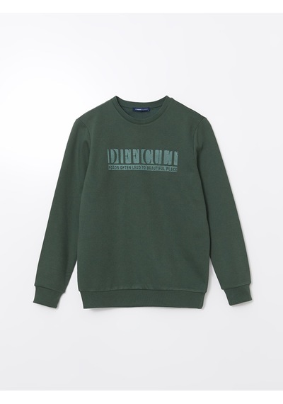 Lcwaıkıkı Classic Yeşil Bisiklet Yaka Baskılı Erkek Kalın Sweatshirt
