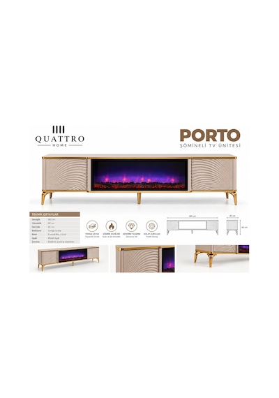 Porto Elektrikli Şömineli Tv Ünitesi 180 Cm Kumsal Bej Gold Metal Ayaklı Modern Tv Sehpası