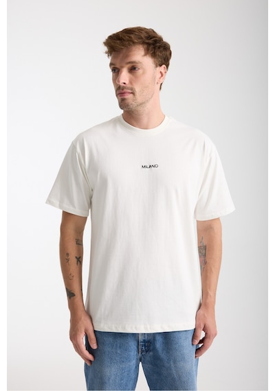 Erkek Milano Nakış Yazılı Oversize Bisiklet Yaka T-shirt Beyaz