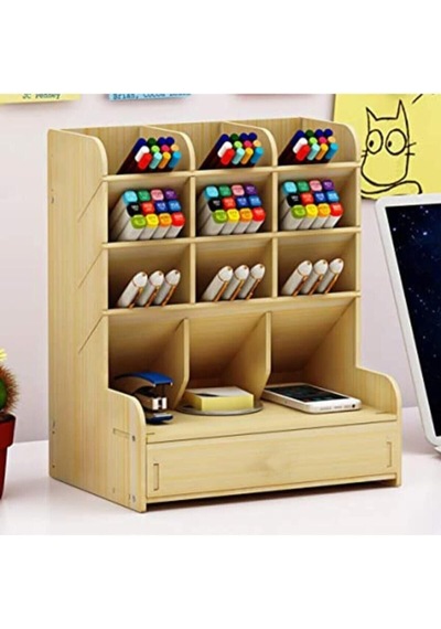 Çapraz 9 Bölmeli Çekmeceli Akçaağaç Masaüstü Kalemlik Organizer, Amz052 Genel