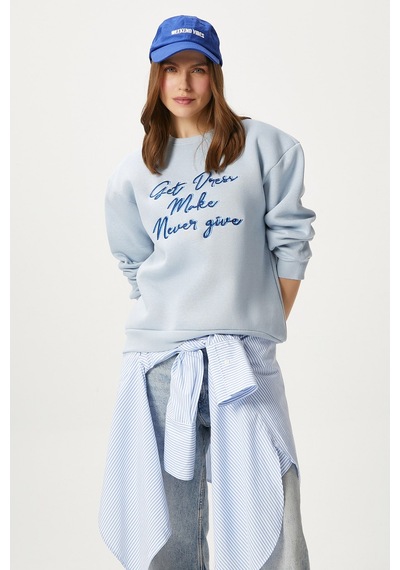 Kadın Dress Nakışlı Mavi Sweatshirt Mavi