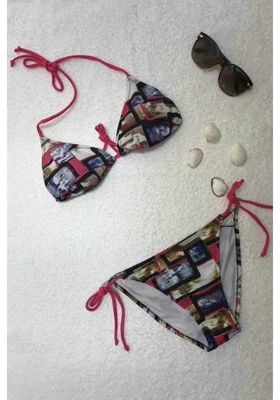Dagi Desenli Pembe Boyundan Bağlı Üçgen Bikini Takımı