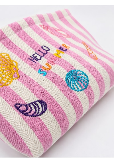 İcone Bag Çocuk Plaj Çantası, Nakışlı Çizgili Kız Plaj Çantası, Kids Beach Bag, Lila Çizgili Çocuk Plaj Çantası Pembe