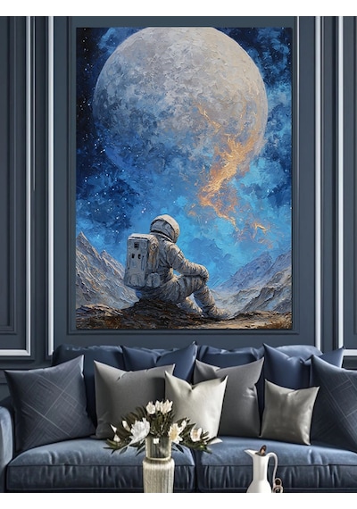 Ahşap Tablo Ayda Oturan Yalnız Astronot