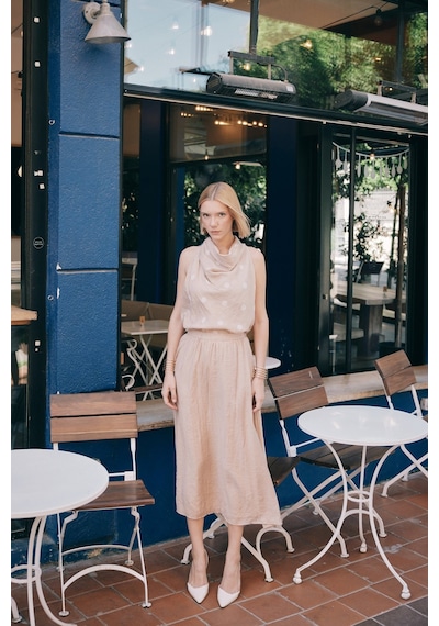 Sateen Kraşlı Kloş Etek - Pudra-136221 Pudra