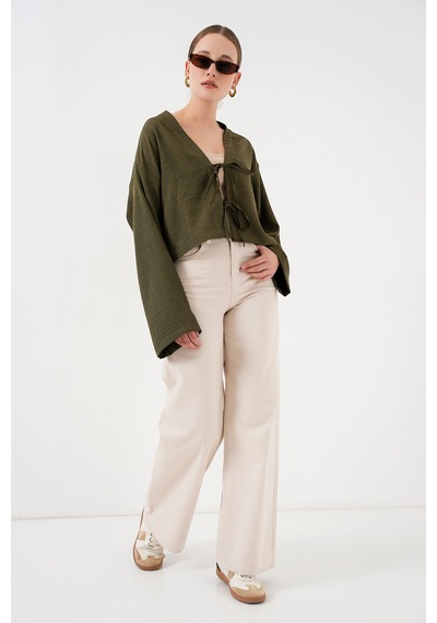 Bigdart Önü Bağlamalı Keten Kimono 960 - Haki