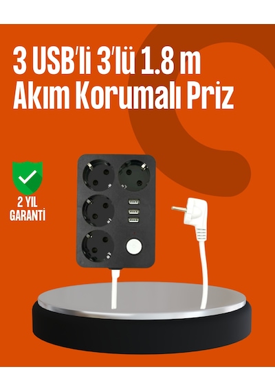 Akım Korumalı 3 Usb Portlu 4 Lü Priz 4.1a Hızlı Şarj