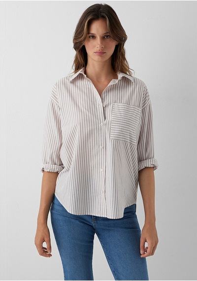 Mavi Bordo Çizgili Gömlek Loose Fit / Bol Rahat Kesim 1211201-87982 Ekru