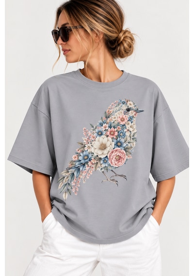 Velaura Studio Çiçekli Kuş Baskılı Kadın T-shirt Açık Füme