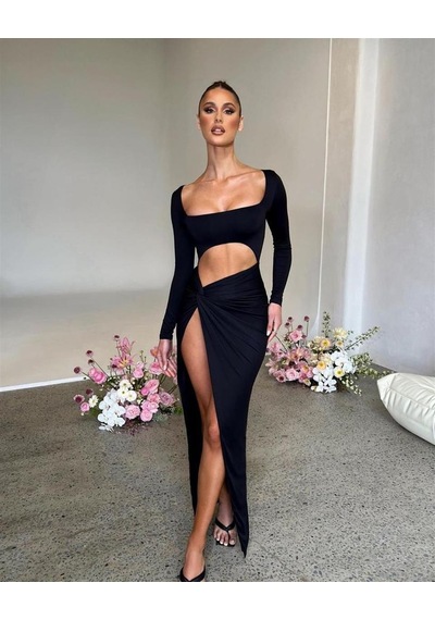 Pink Life Siyah Derin Yırtmaçlı Bel Dekolteli Sandy Kumaş Midi Elbise Siyah