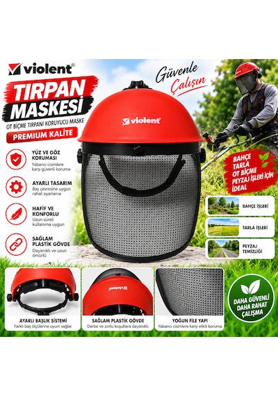 Tırpan Maskesi Kırmızı Renk Premium Ot Biçme Tırpanı Koruyucu Maske Plastik Ayarlı Maske