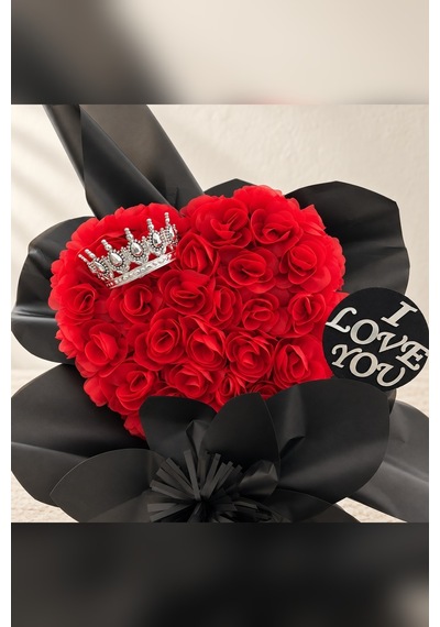 Couronne D'amour Kırmızı Saten Gül Kalp Buket Gümüş Taçlı I Love You - El Yapımı Yapay Çiçek Kırmızı Siyah