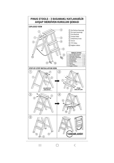 Pinus Stools Katlanabilir Ahşap Mutfak Merdiveni - 3 Basamaklı Boy Uzatan Tabure 75 Cm