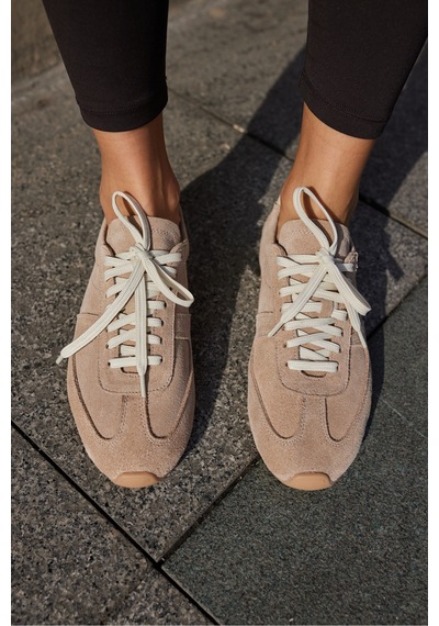 Tores Kadın Kahverengi Gercek Suet Bagcıklı Sneaker Bej Suet