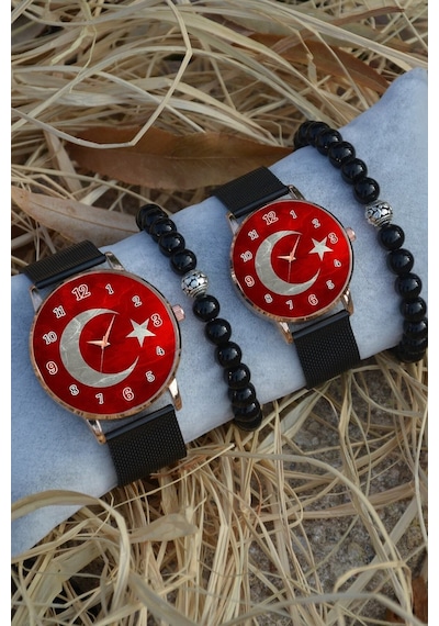 Çift Saatleri Sevgili Saati Türk Bayrağı Tasarımlı Çift Kol Saatleri Siyah