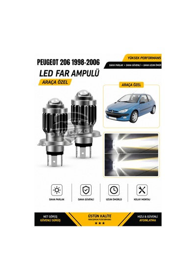 Peugeot 206 1998-2006 H4 Led Far Ampulü Beyaz Işık Canbus Mini Lensli 2'li Set