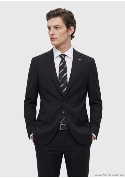 Ramsey Siyah Düz Modern Fit Yün Karışımlı Takım Elbise