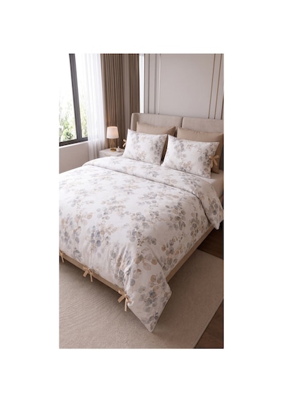 %100 Pamuk Çift Kişilik Okaliptüs Desenli Nevresim Seti 220x200 Cm Bağcıklı 2 Desenli + 2 Düz Beyaz Yastık Kılıfı Bej - 909842495 Bej