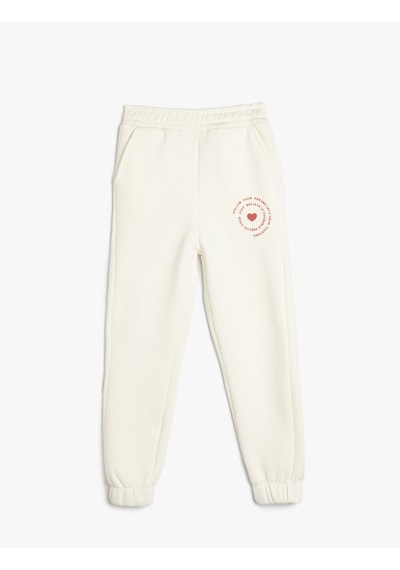 Koton Jogger Eşofman Altı Kalp Baskılı Beli Lastikli Cepli Ekru 5wkg40110ak Ekru