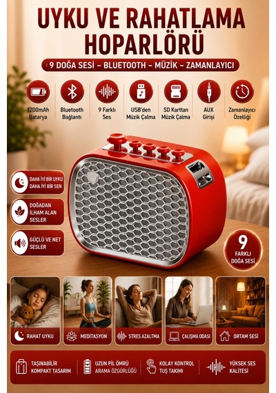 Polham 9 Sesli Uyku Hoparlörü Bluetooth 5.1v, 1200mah Taşınabilir Rahatlama Cihazı Zamanlayıcı, Usb Sd Kart Aux Kırmızı