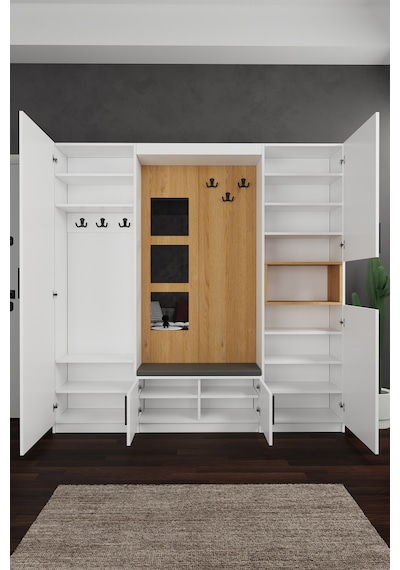 Lüks Aynalı Portmanto Askılı Vestiyer %100 Mdf Çok Raflı Ayakkabılık V04 Beyaz - Karına Lüks Aynalı Portmanto Askılı Vestiyer %100 Mdf Çok Raflı Ayakkabılık V04 Beyaz - Karına