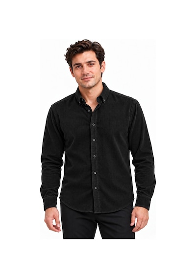 Classics Men Jet Polo Uzun Kol Slim Fit Erkek Kadife Gömlek - 7779 Siyah