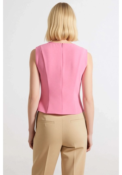 Benerly Kadın Bluz Crop Fiyonk Detaylı Kesik Yaka Kolsuz Dokuma Kumaş Düz Pembe