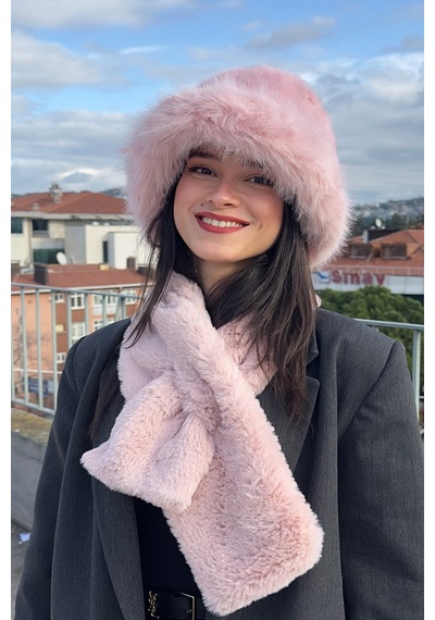 Mollycrush Peluş Rus Tarzı Bucket Kalpak Şapka Atkı 2'li Set Kadın Kışlık Suni Kürk Pembe 2'li Takım Pembe