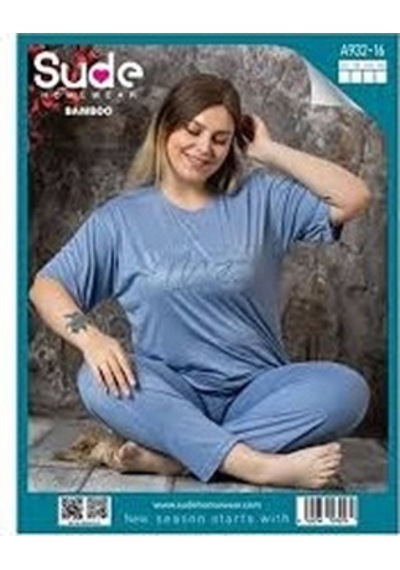 Sude A932-16 Bambu Mavi Kısa Kol Büyük Beden Kadın Pijama Takımı Mavi