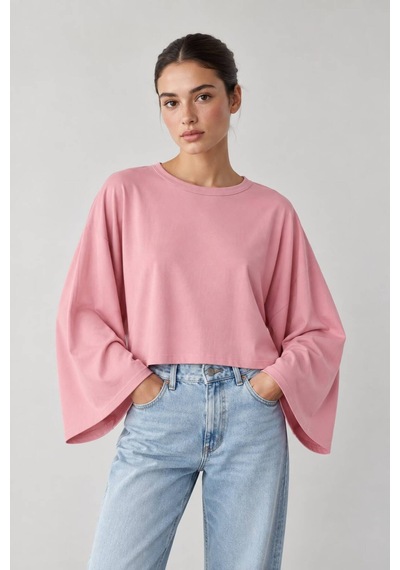 Genel Markalar Kadın Oversize Crop Geniş Kollu Basic Sweatshirt Pembe
