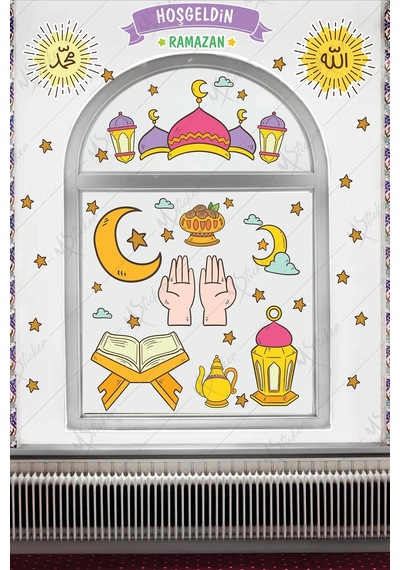 MSticker Hoşgeldin Ramazan Dua Cami Ay Fener Figürleri Cam Duvar Dekorasyon Sticker Seti