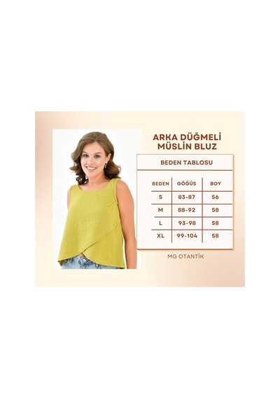Mg Otantik Kadın Müslin Cepken Yelek Bluz %100 Pamuk Arka Düğmeli - Mg001 Yağ Yeşili