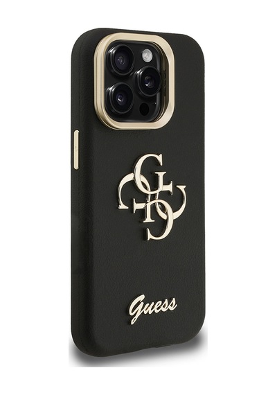 Apple iPhone 15 Pro Max Uyumlu Kılıf Guess  Lisanslı Grained Yazı Logolu Kamera Standlı Kapak Siyah