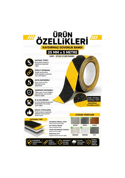 Kaydırmaz Güvenlik Bandı 25 Mm X 5 Metre Sarı Siyah Güçlü Yapışkanlı Merdiven Rampa Zemin Kaydırmaz