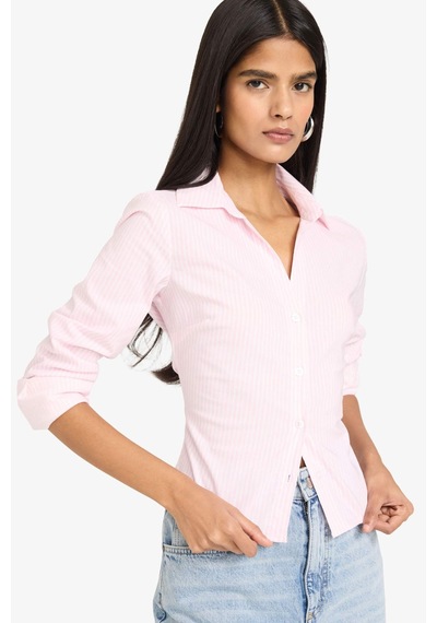 Defacto Fitted Çizgili Bengalin Pembe Kadın Gömlek D4013ax/pn633 Pembe