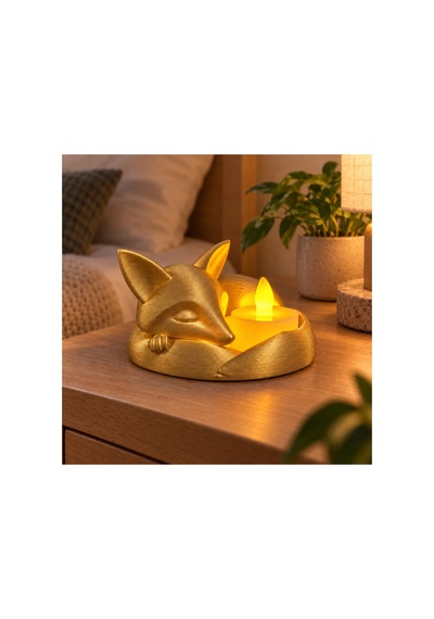 Uyuyan Tilki Led Mumluk Dekoratif Gece Lambası Ve Masa Üstü Işık - Gold Açık