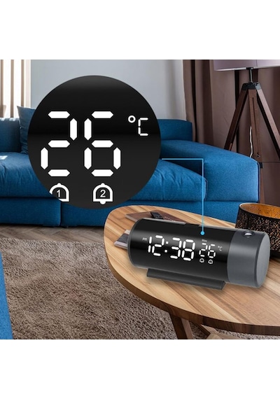 Techtic Projeksiyon Saat Silindir 180 Çift Alarm Sıcaklık-saat Yansıtmalı Çalar Saat Telefon Şarjı