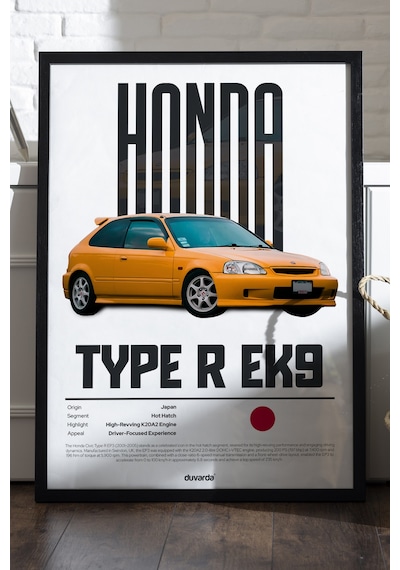 Honda Type R Ek9 Araba Siyah Ahşap Çerçeveli Poster, Dekoratif Duvar Tablosu
