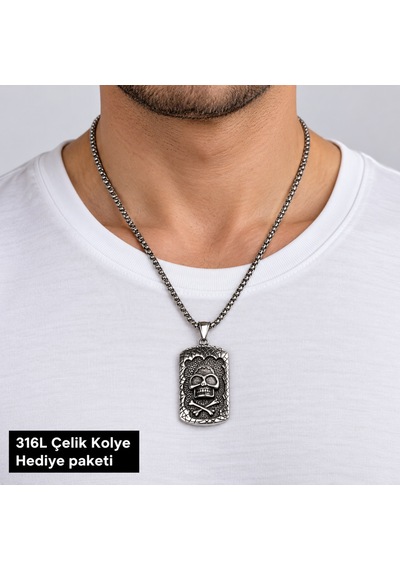 316l Çelik Erkek Kolye Kuru Kafa Figürlü Dikdörtgen Plaka Zincirli Tasarım Altın - Gümüş