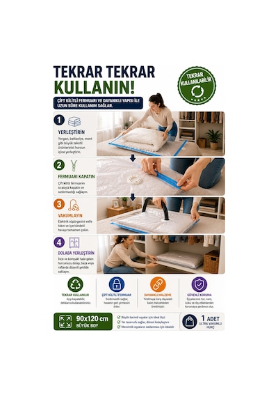 Ultra Boy Vakumlu Hurç 90x120 Cm 1 Adet Çift Kilitli Vakum Poşeti Yorgan Battaniye Saklama Çuvalı Şeffaf