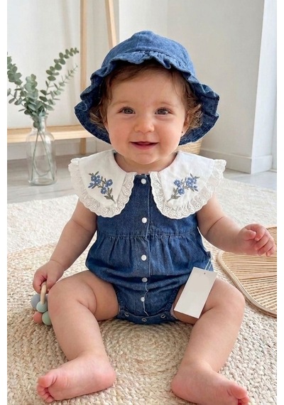 Cantoy Nakışlı Bebe Yaka Kot Bebek Tulumu Ve Şapka Takımı Koyu Mavi