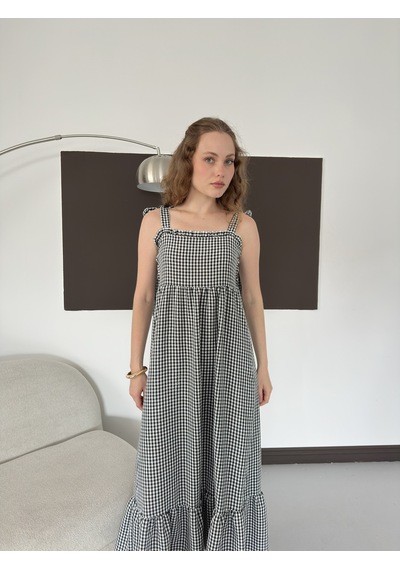 Verymoda Kadın Pötikare Desenli Askı Bağlama Detaylı Maxi Elbise D3108 Siyah