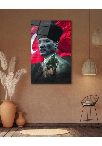 Atatürk Portre Ve Türk Bayrağı Cam Tablo Modern Ev Ofis Salon Hediyelik Büyük Tablo Duvar Dekoru44