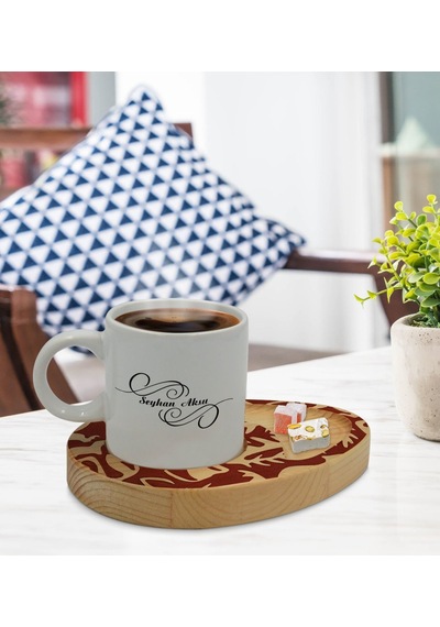 Kişiye Özel Retro Motif Tasarımlı Doğal Ahşap Tabaklı Türk Kahvesi Fincanı Sunum Seti Model 2