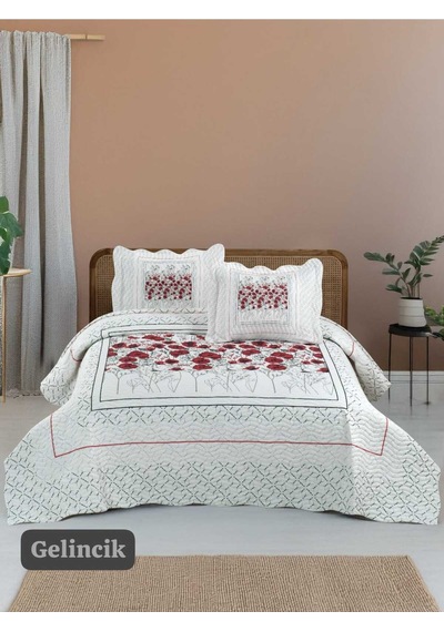 Çift Kişilik Kapitone Yatak Örtüsü, Klasik Desenli Model - Gelincik 250 X 260cm Kırmızı